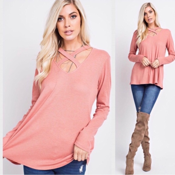 1.4.3. Story by Line Up Dusty Rose Cross-Neck Long Sleeve Top - Picture 2 of 5